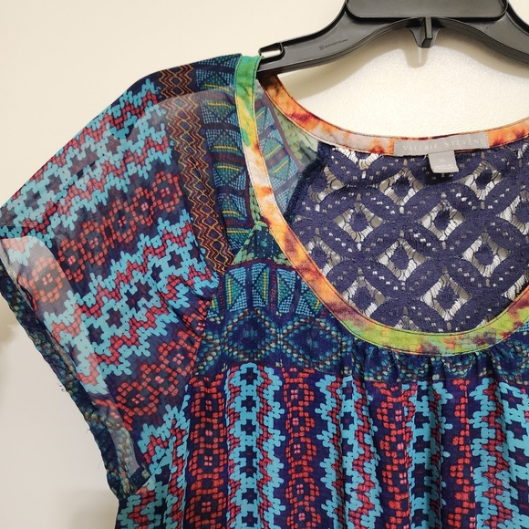 VALERIE STEVENS Sheer Geometric Multicolor Short Sleeve Lace Blouse XL - Picture 4 of 16